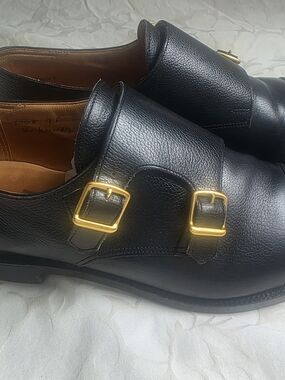 John Lobb Black Double Monk Strap Shoes with Gold Buckles